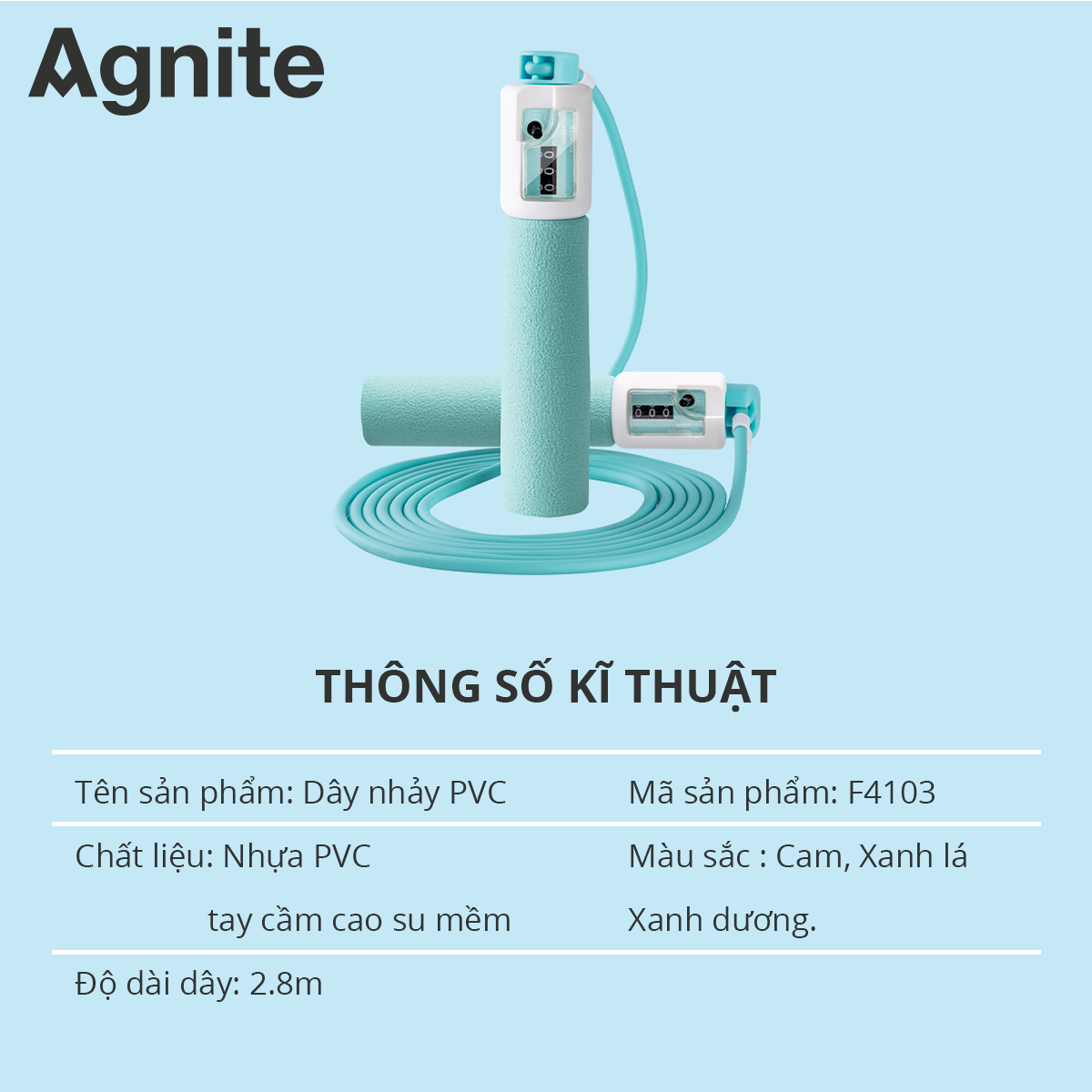 Dây nhảy thể dục lõi thép, dây PVC đếm số tự động Agnite - dây nhảy tại nhà hỗ trợ giảm cân, tập luyện tại nhà, boxing, muaythai