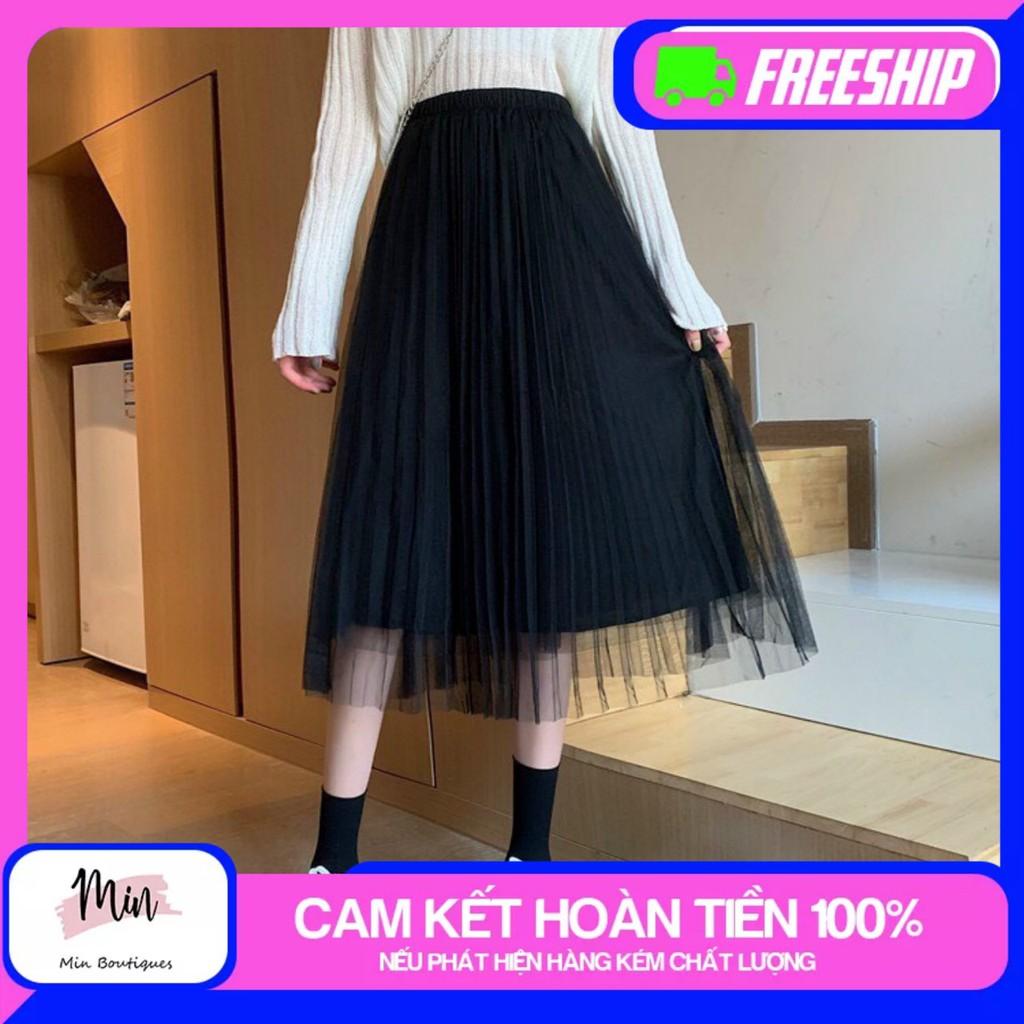 Chân váy công chúa - Chân váy MIDI LƯỚI xếp ly 2 lớp - dài 70cm