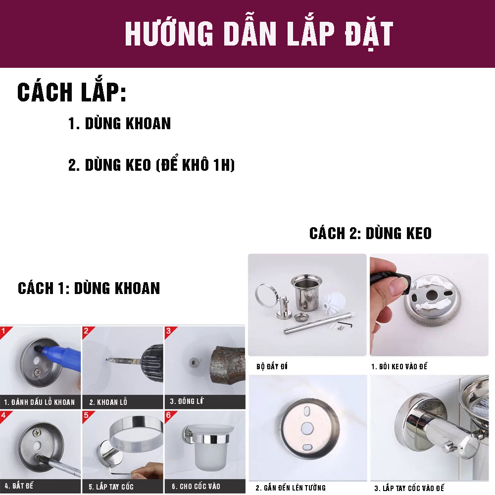 Bộ cốc chổi cọ bồn cầu, toilet nhà vệ sinh, sàn nhà treo tường, có giá đỡ bằng Inox 304 kháng khuẩn, không cần khoan, DAN HOUSE 3.11.11