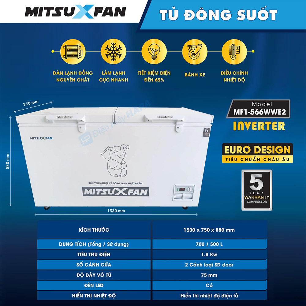 Tủ Đông MITSUXFAN MF1-766WWE2 Inverter, Dung Tích 850/ 600 Lít, Siêu Tiết Kiệm Điện, Cao Cấp Đa Chức Năng 6 Trong 1, MF1766WWE2, Tủ Cấp Đông Tiêu Chuẩn Châu Âu - Giao Miễn Phí TP.HCM &amp; Lân Cận, Hàng Chính Hãng