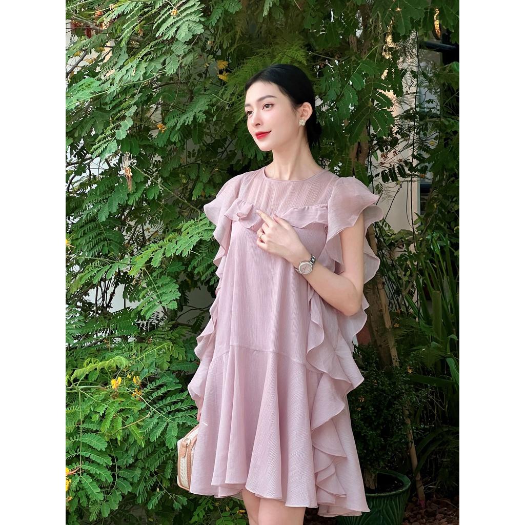 SHEAZ Đầm tiểu thư dạo phố tơ hồng phấn dáng xòe babydoll tay ngắn dáng suông mini ngang gối