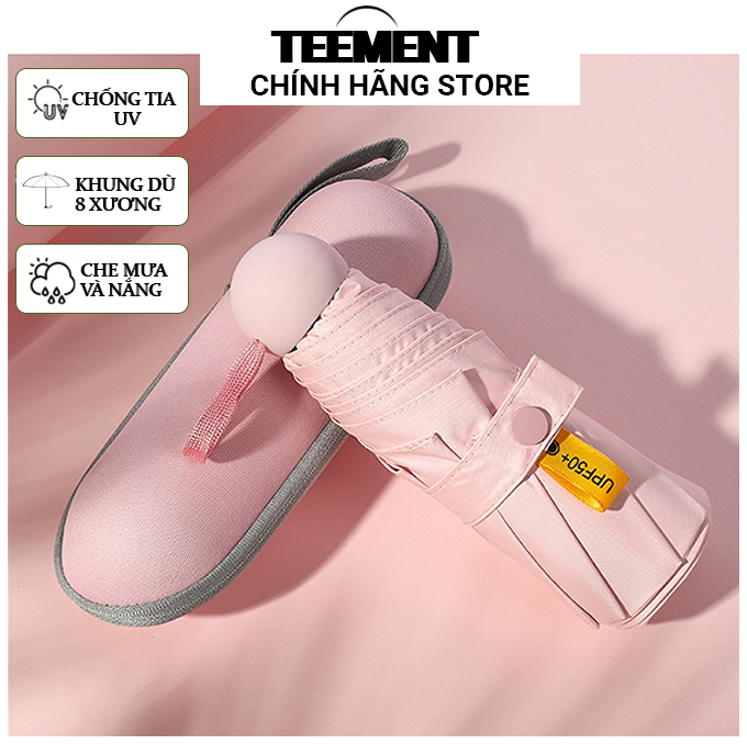 Ô Dù Gấp Gọn Mini Teement 19Cm, Dù Che Mưa, Dù Chống Tia Uv Mini Siêu Gọn 8 Xương, Có Hộp Đựng Chống Sốc - Hàng Chính Hãng - Màu Hồng