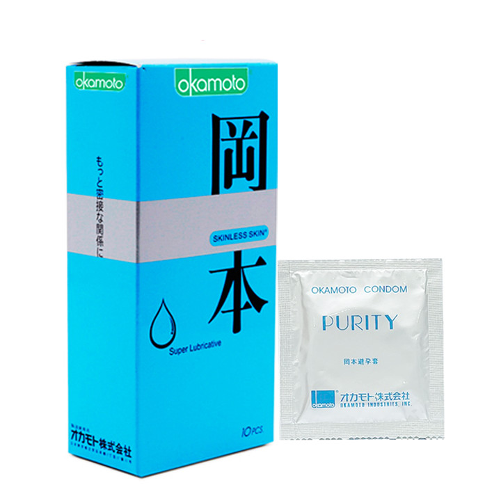 Bao Cao su Okamoto Skinless Skin Lubricated Siêu Bôi Trơn Hộp 10 chiếc + Tặng 1 chiếc Bao Cao su Okamoto Skinless Skin Purity Không Mùi