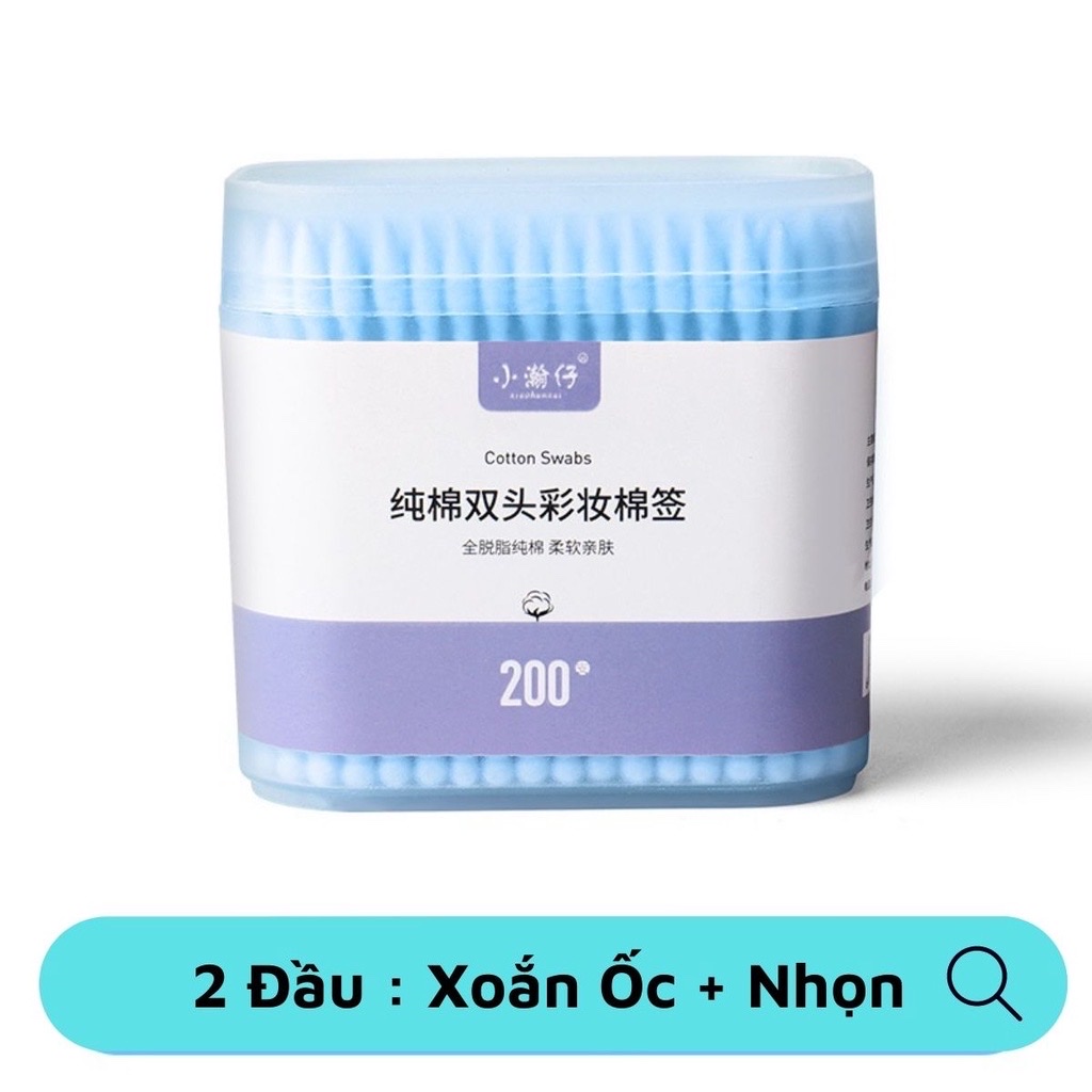 Hộp tăm bông ráy tai lớn 200c cao cấp  với 2 đầu tăm thiết kế hình dáng khác nhau làm sạch sâu bên trong ,  an toàn và tiện lợi