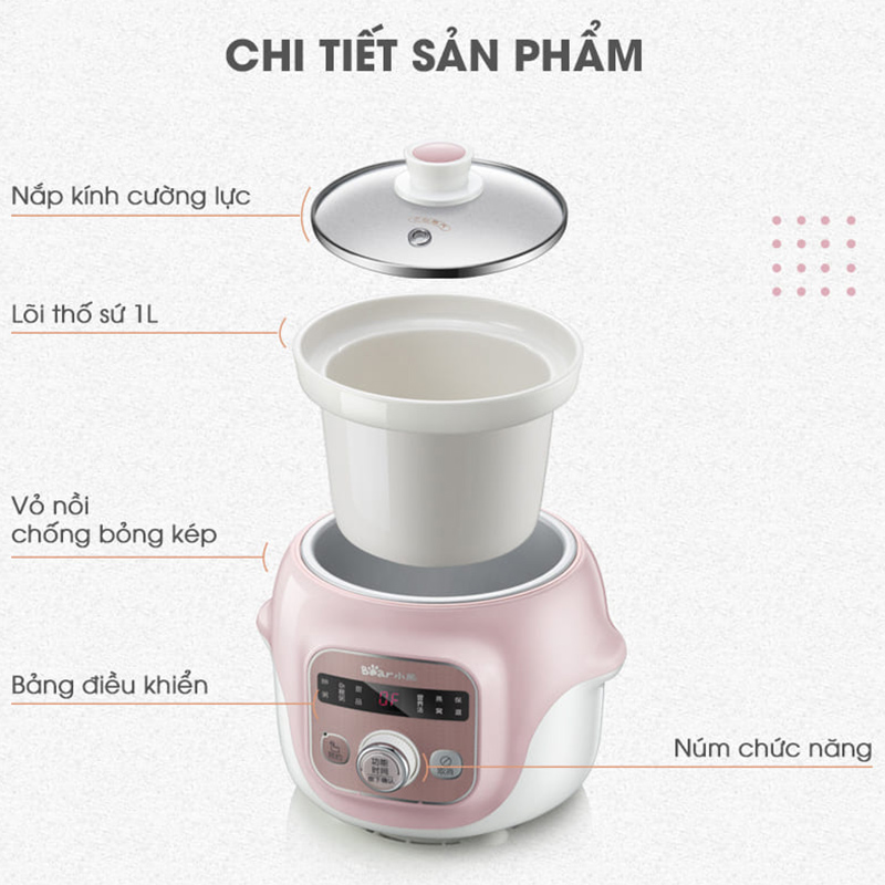 Nồi Nấu Chậm 1 Lít Bear DDG-D10B1S - Hàng Chính Hãng