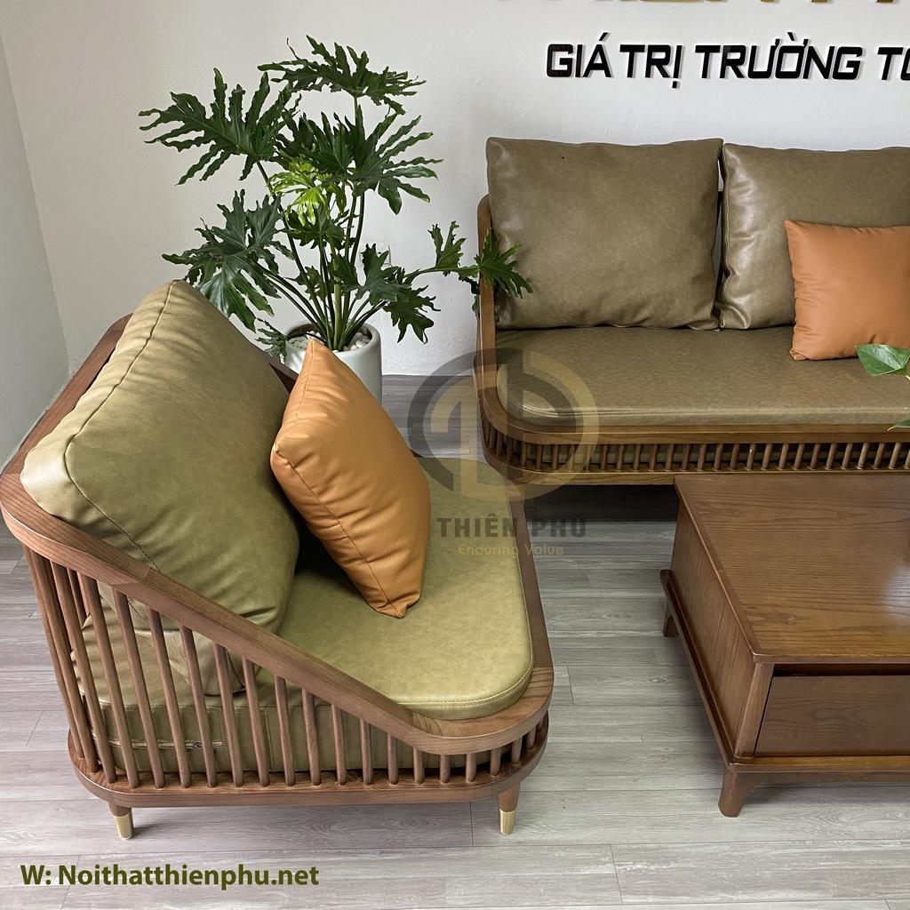 Combo sofa phòng khách KBH gỗ tần bì bọc da kết hợp bàn trà song tiện