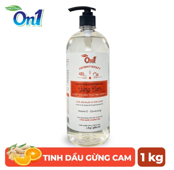 Nước rửa chén On1 tinh dầu hương gừng cam dung tích 1Kg N5603 - Sạch bóng vết dầu mỡ - Bảo vệ da tay