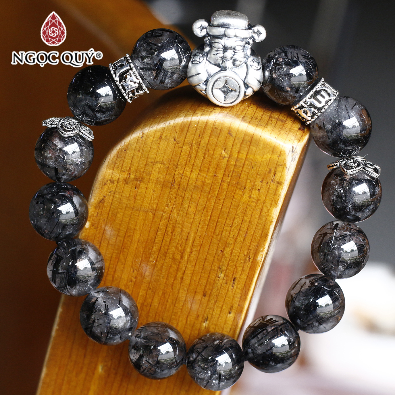 Vòng thạch anh tóc đen 12mm phối charm bạc thần tài mệnh thủy, mộc - Ngọc Quý Gemstones