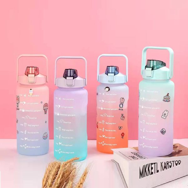 Bình Nước Nhựa 2 Lít Có Chia Vạch Có Ống Hút Nắp Đậy Dễ Thương, Bình Nước Thể Thao