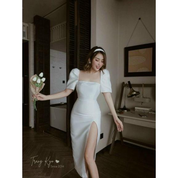 Đầm midi xẻ tà tay phồng xinh xắn ivy.fashion đi biển dự tiệc dạo phố bigsize gợi cảm sexy