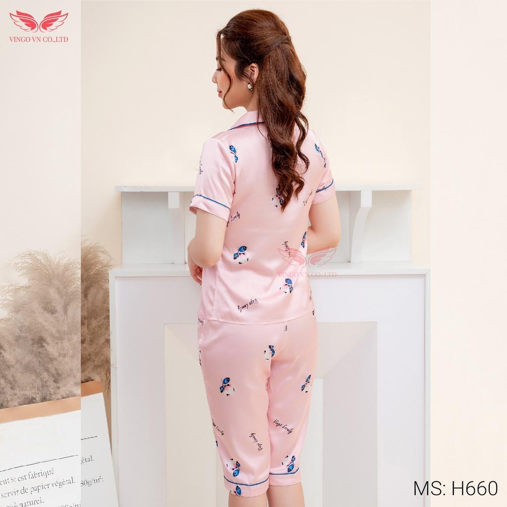 Đồ bộ nữ mặc nhà Pijama lụa Pháp VINGO tay ngắn quần lửng mặc mát mùa Hè họa tiết hoa hồng lé xanh thanh lịch H660 VNGO