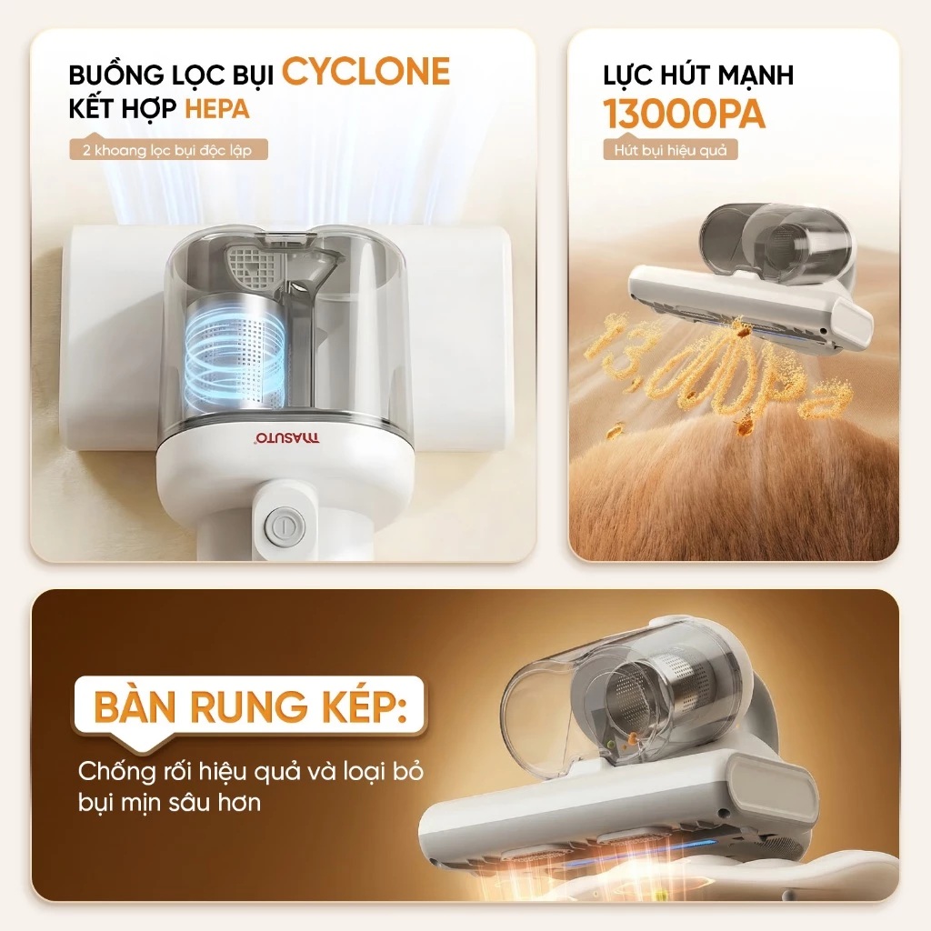 Máy hút bụi giường nệm cầm tay Masuto MSDreamer - UV diệt khuẩn, 2 buồng lọc bụi Cyclone Hepa, lực hút mạnh 13000Pa - Hàng chính hãng