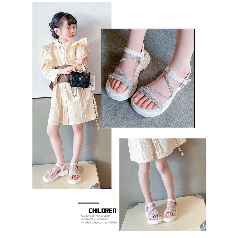 Sandal quai ngang gắn đá đi học đi chơi đi tiệc cho bé gái size từ 26-37 mẫu mới nhất