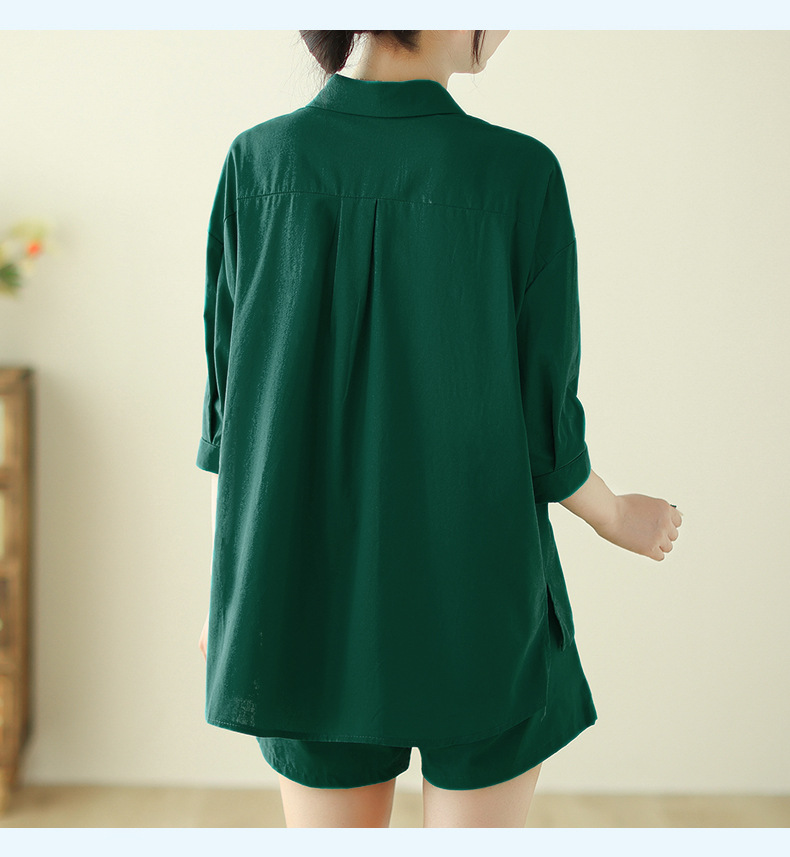 Bộ đồ cho nữ 2 chi tiết gồm áo sơ mi có túi và quần short dáng chữ A, set linen nữ hàn quốc