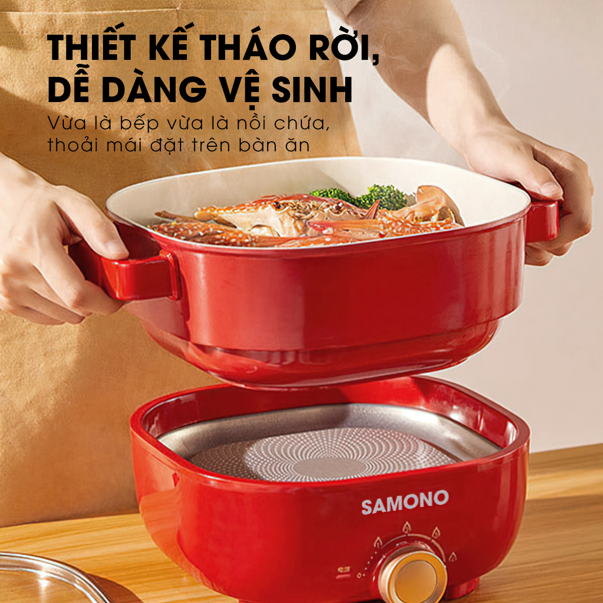 Nồi Điện Đa-zi-năng SAMONO SW-DG03 - Thiết Kế Tháo Rời - Điều Chỉnh 4 Mức Lửa - Kèm Theo Ngăn Hấp INOX304 - HÀNG CHÍNH HÃNG