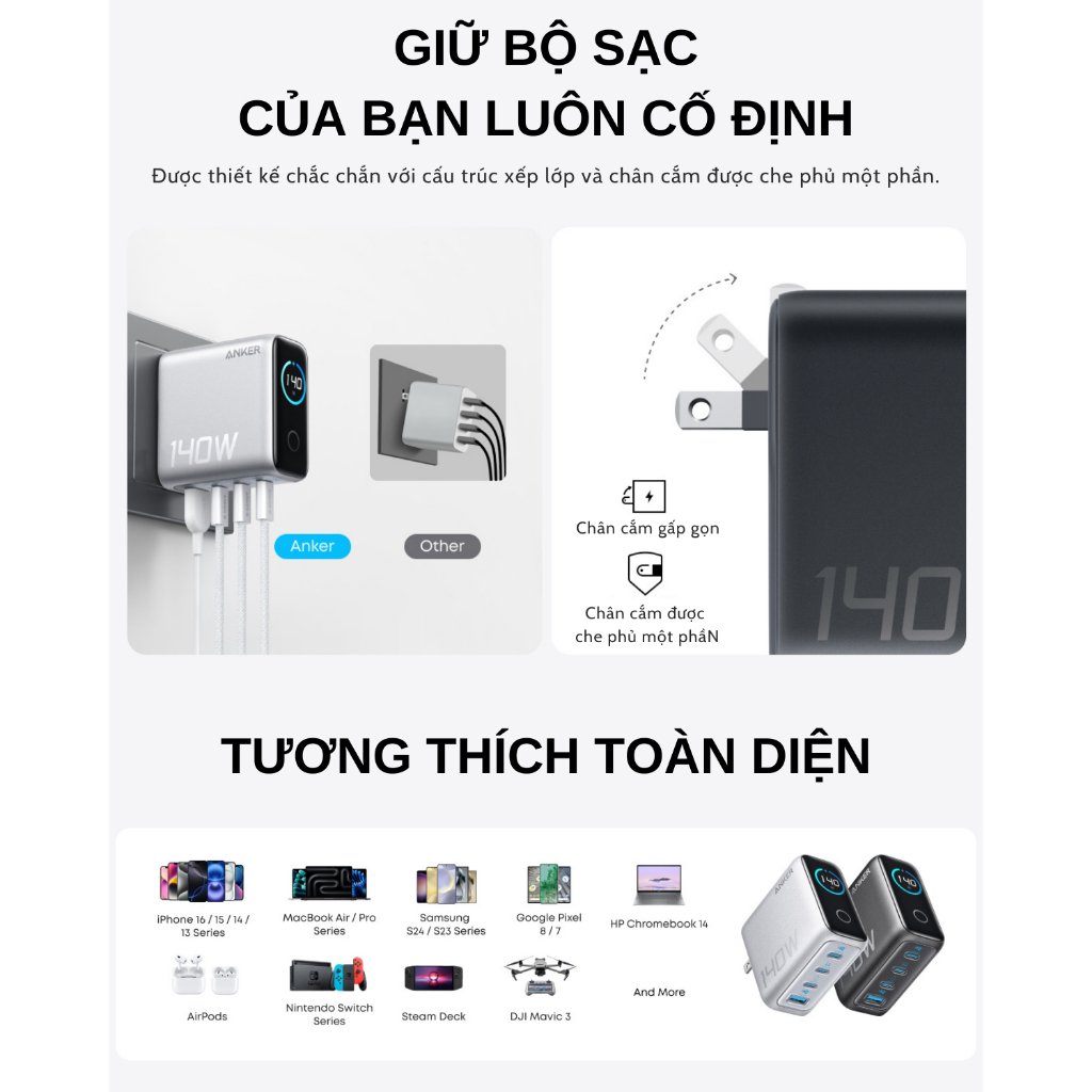 Củ Sạc Nhanh 3C+1A ANKER Zolo B2697 140W (ActiveShield 2.0, Smart LED Display, GaN Charger, Kèm Cáp Zolo C to C 240W)- Hàng Chính Hãng