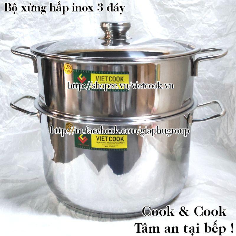 Bộ xửng hấp inox 2 tầng đáy từ size 24, 26, 28, 30, 32 cm chõ hấp thực phẩm đồ xôi inox