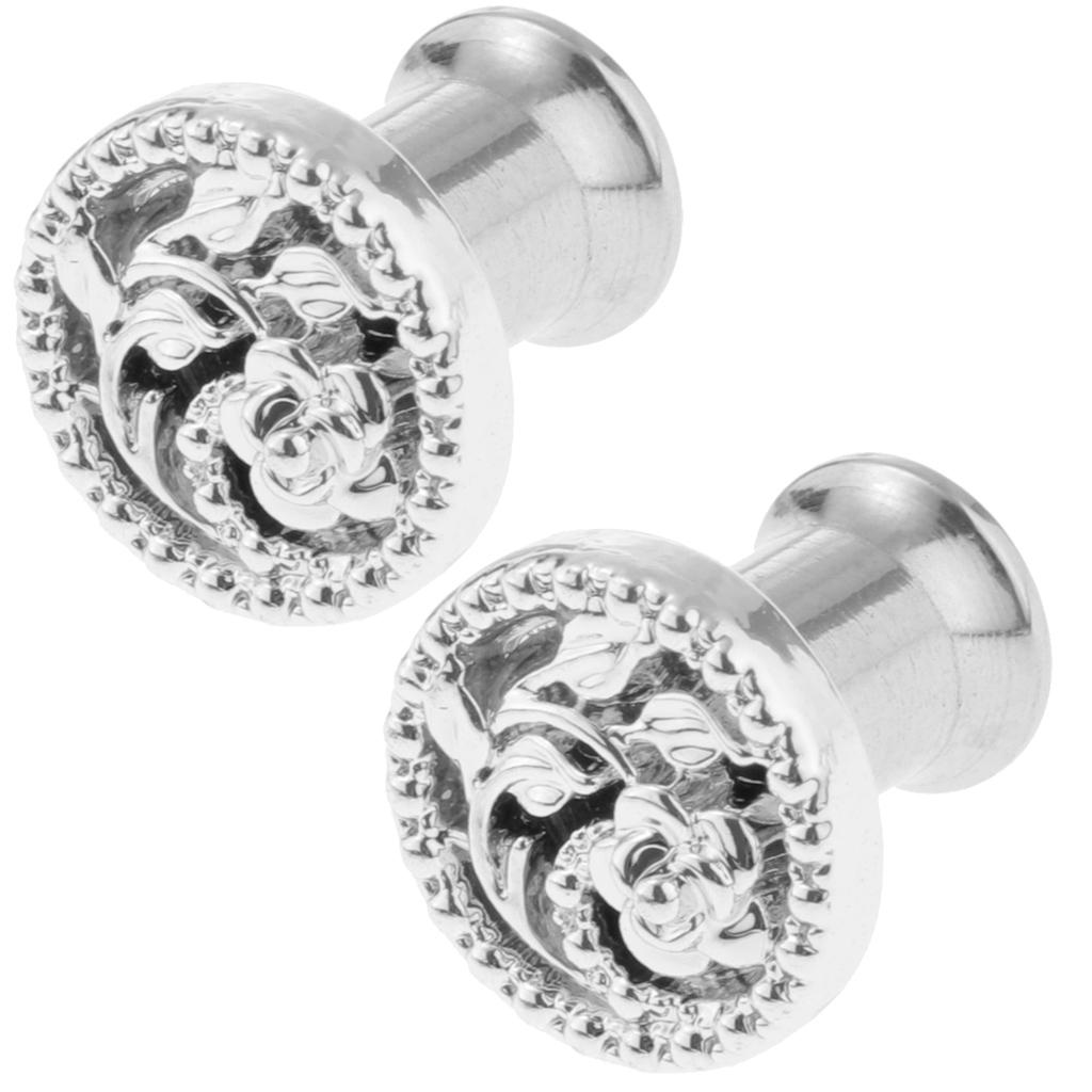 2 Pcs Fancy Silver Flower Ear Plug Tunnel Stainless Steel Ear Jewelry