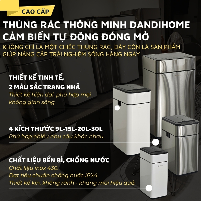 Thùng rác thông minh cảm ứng tự động đóng mở DandiHome - Tặng pin AA - 9 lit - Trắng