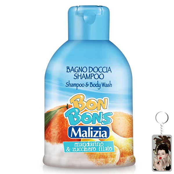 Sữa tắm gội trẻ em Malizia Bon Bons hương quýt và kẹo bông 500ml tặng kèm móc khóa