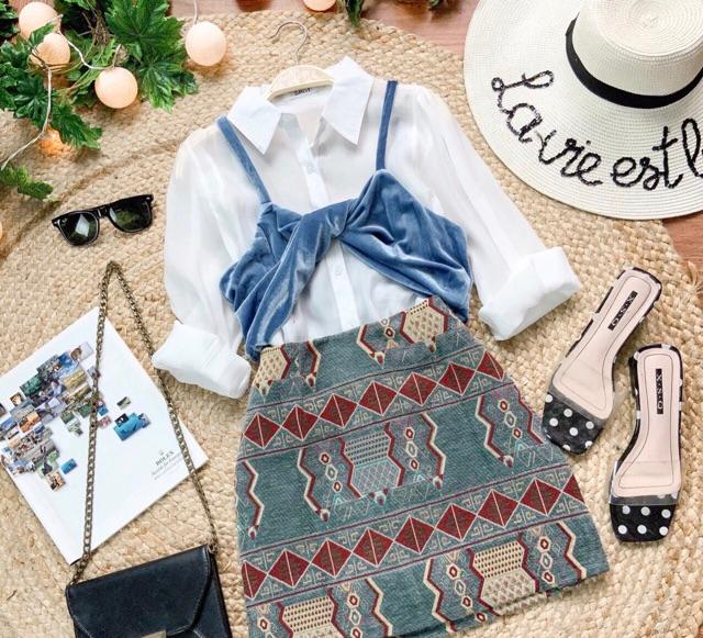 Set áo sơ mi trơn tay dài và áo yếm nhung 2 dây croptop