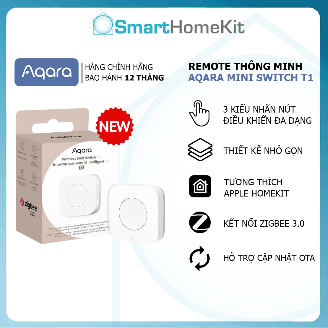 Nút nhấn không dây Aqara T1 Wireless Mini Switch WB-R02D Zigbee 3.0 Quốc Tế - Hàng Chính Hãng