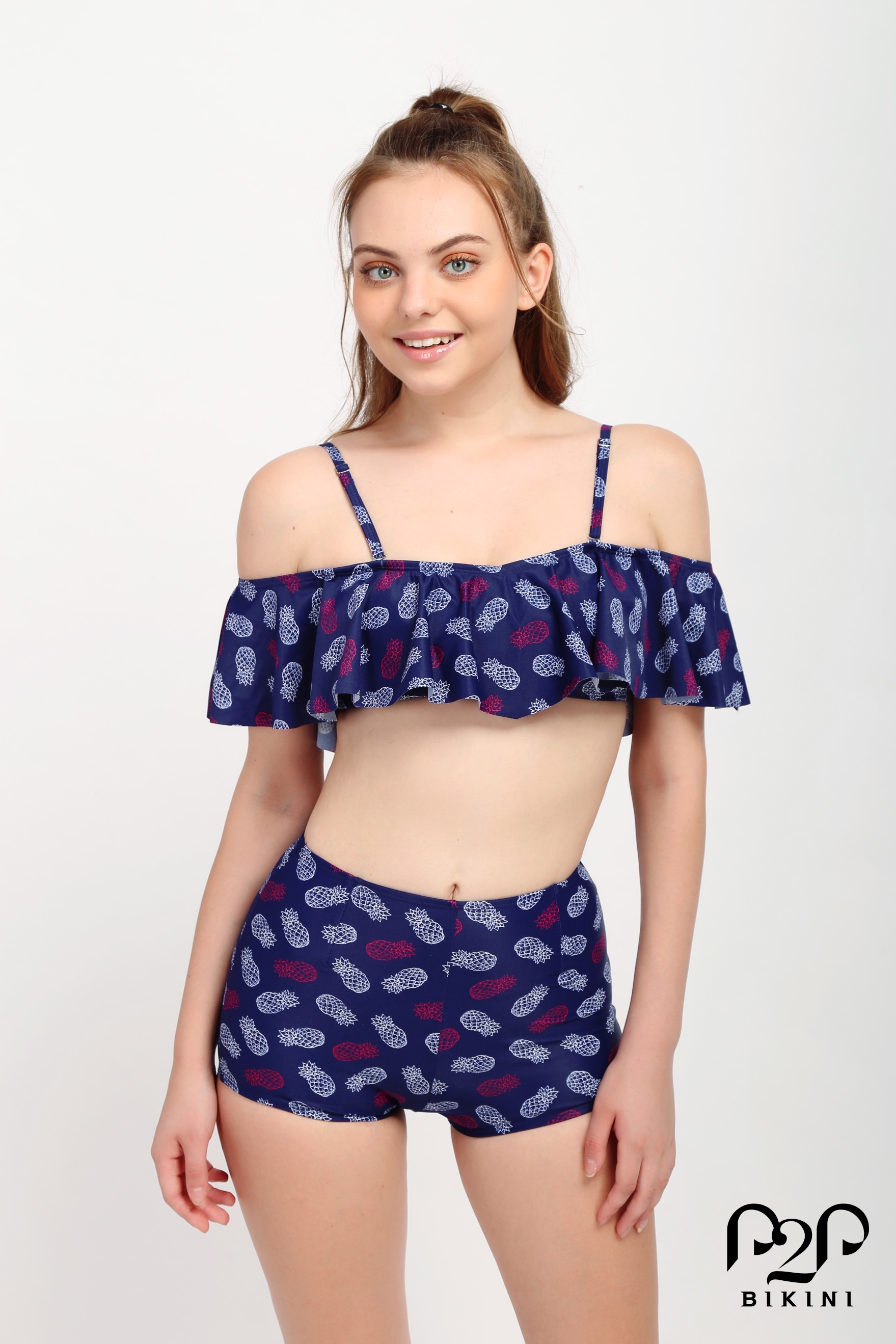 P2P BIKINI - Đồ bơi hai mảnh áo croptop bèo trễ vai, quần short họa tiết trái thơm - BTK340HT_LC2