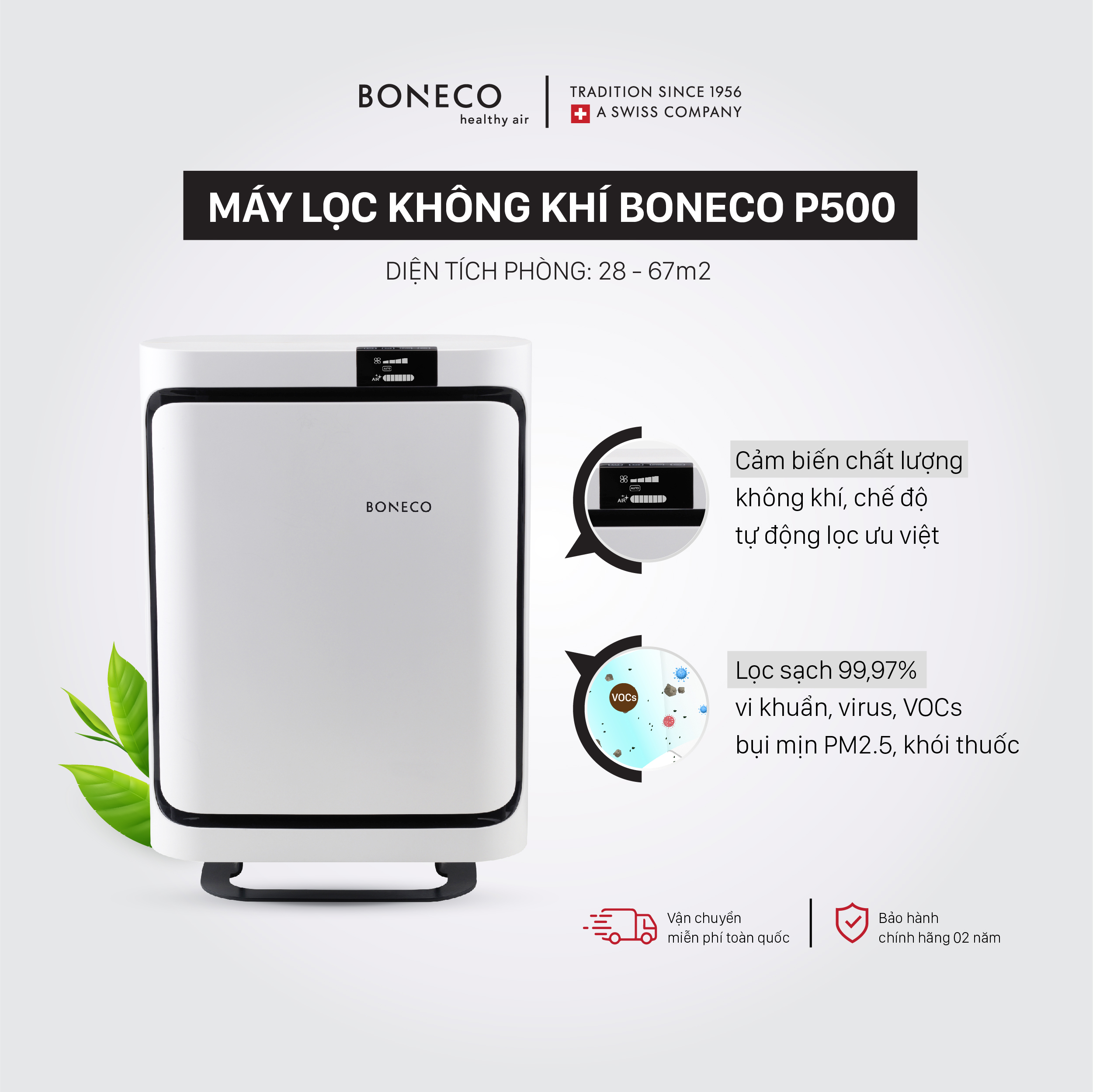 Máy Lọc Không Khí BONECO P500 Chống Dị Ứng, Khử Mùi Phòng, Diệt Vi Khuẩn, Bộ Lọc HEPA Lọc Bụi, Khuếch Tán Xông Tinh Dầu Thơm, Điều Khiển Từ Xa (67m2) - Hàng Chính Hãng