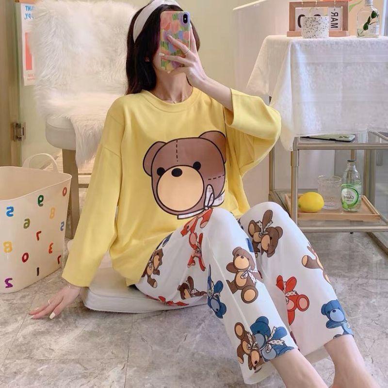Đồ Bộ Thun Tay Dài Quảng Châu - Pijama Quần Dài - Đồ Mặc Ở Nhà Họa Tiết Hoạt Hình Dễ Thương Đồ bộ mặc ở nhà cho nữ, Đồ bộ ngủ thun dành cho nữ in hình