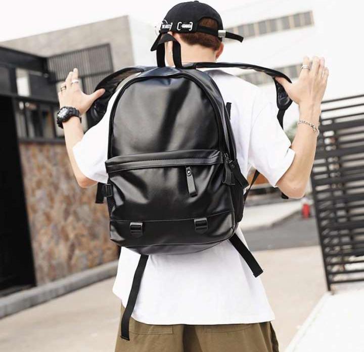 Unisex Backpack Pu Leather Student Bag - Black