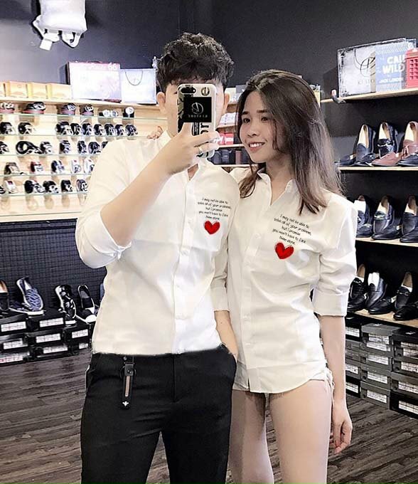 Áo sơ mi cặp dài tay in hình trái tim