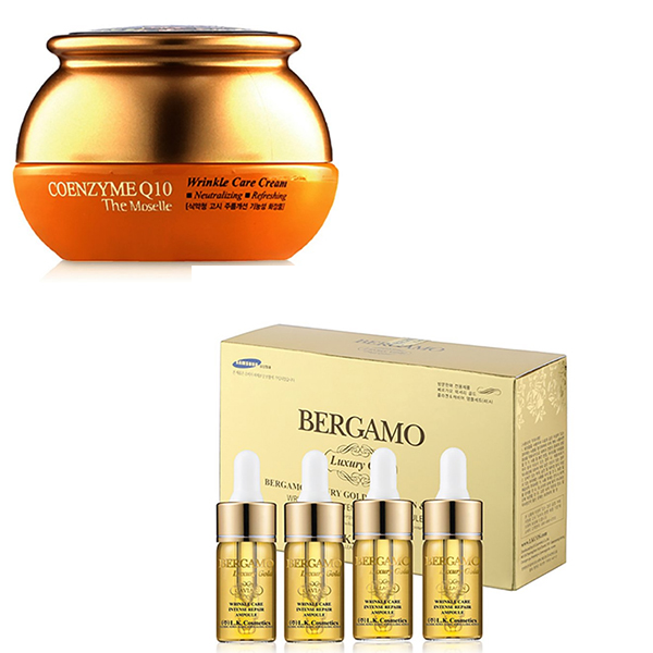 Combo kem dưỡng trắng da và chống nhăn Q10 & Set tinh chất hỗ trợ trị mụn- tái tạo da Bergamo Luxury Gold Collagen And Caviar 13ml/chai x 4 chai