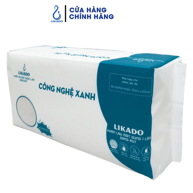 Khăn lau mặt dùng 1 lần LIKADO kt 20x20cm dạng túi rút tiện lợi (1 túi 80 khăn)