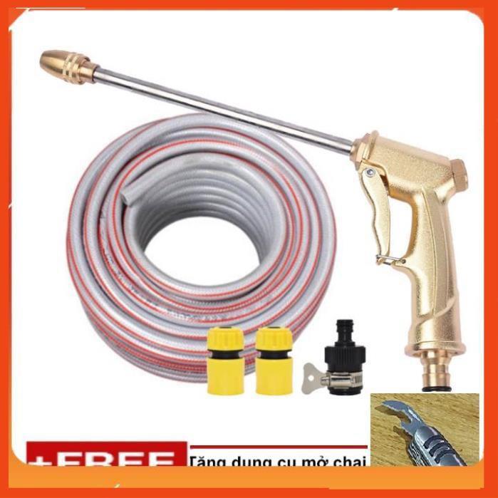 Bộ dây vòi xịt nước rửa xe, tưới cây, tăng áp 3 lần, loại 20m 206701-3 đầu đồng,cút,nối nhựa đen+ tặng mở chai