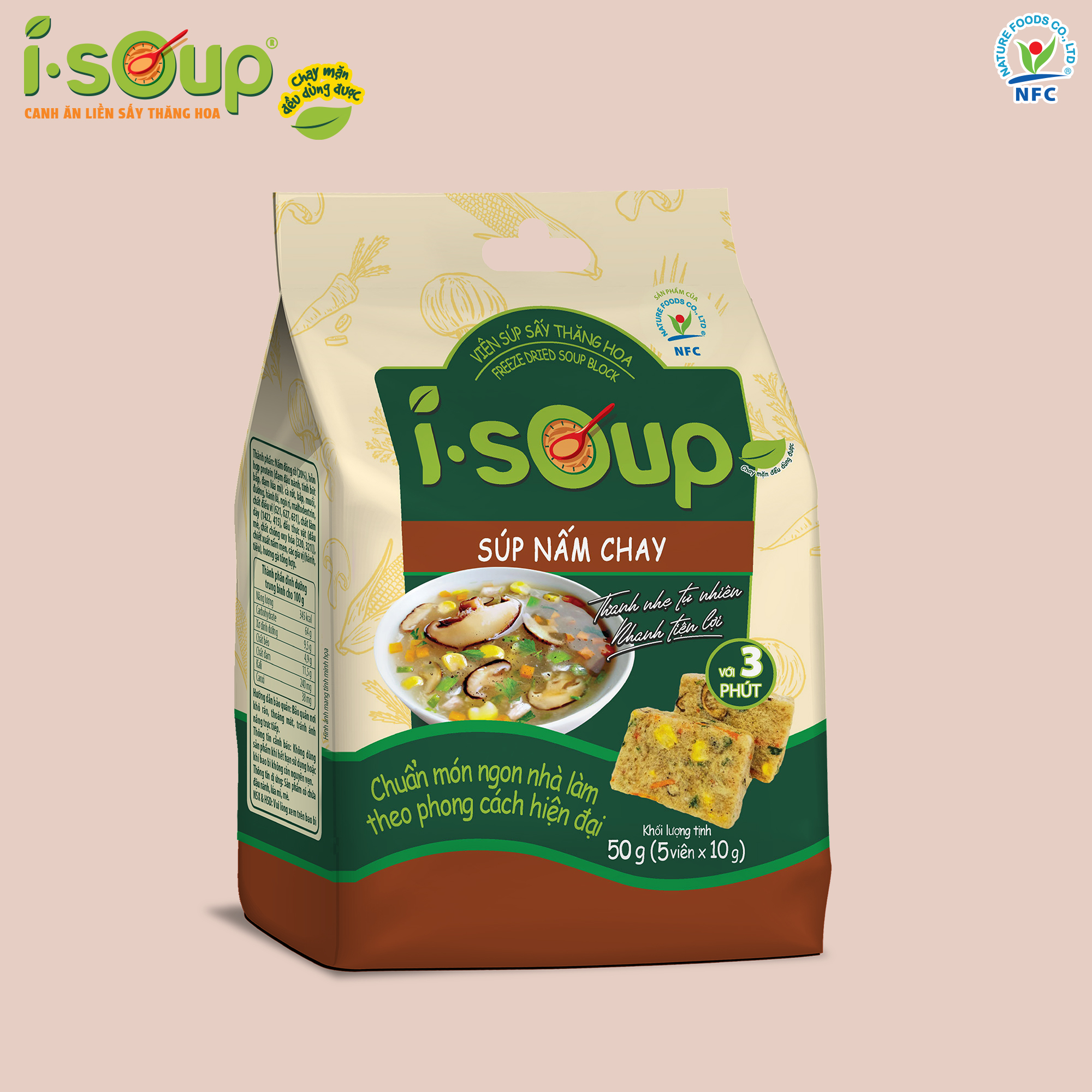 Combo 3 Túi Canh Chay ISOUP (Mây+ Súp Nấm + Rau Củ) - Canh Ăn Liền Sấy Thăng Hoa