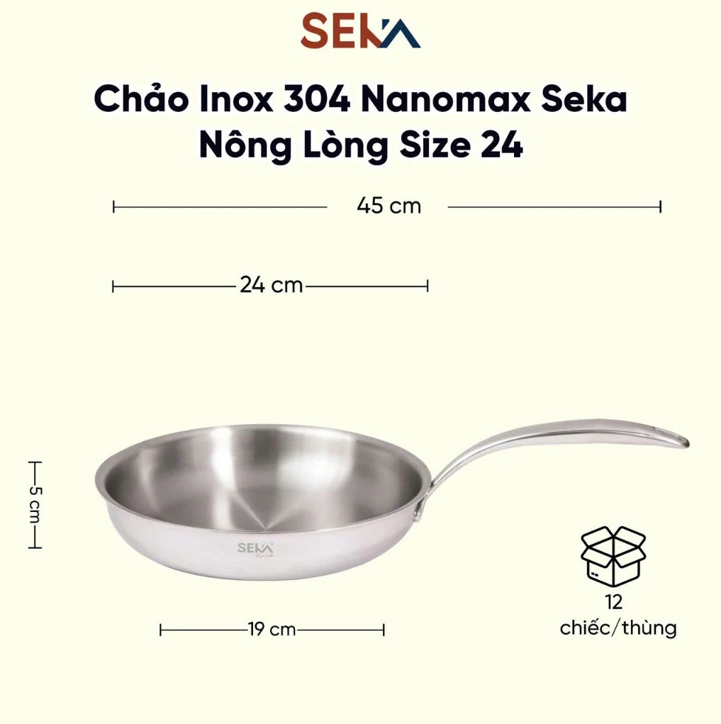 Chảo Inox Cạn Lòng Nanomax Seka 24cm SK8024 28cm SK8028 Đáy Từ 3 Lớp Công Nghệ Nano Nhiệt Lạnh - Hàng Chính Hãng