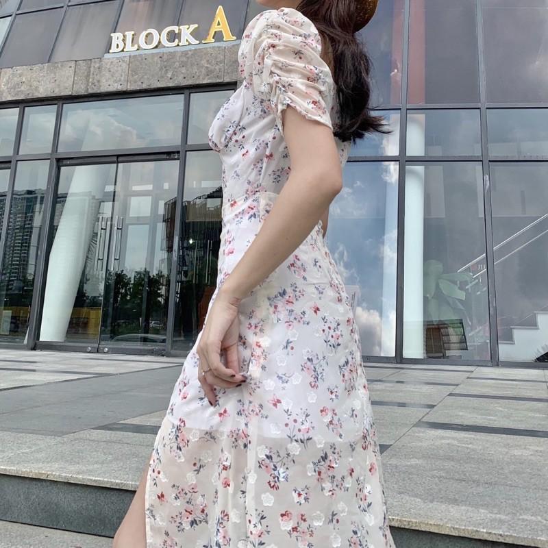 Đầm lụa hoa nhí thắt nơ ngực, xẻ tà, dáng xoè - AUDREY STUDIO