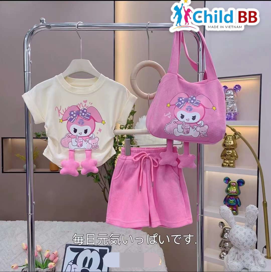 Đồ bộ bé gái, Bộ quần giả váy cho bé gái kuromi phong cách thể thao từ 20-40kg chất cotton mềm mịn mát