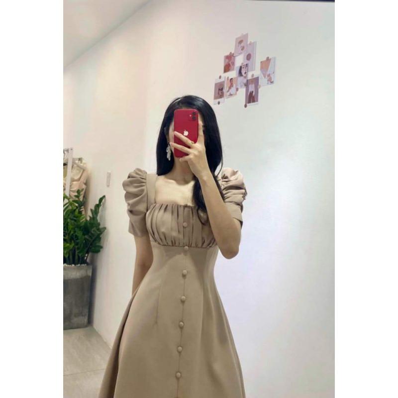 Đầm váy nữ nude xếp li ngực nút bọc TKN