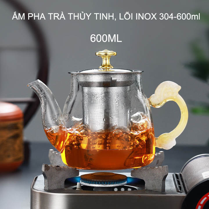 Ấm pha trà bằng thủy tinh có bộ lọc bằng inox 304, loại dung tích 600ml