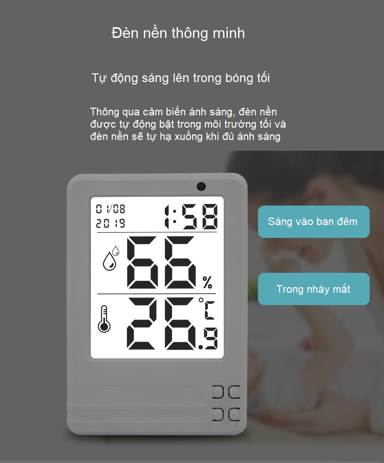 Nhiệt ẩm kế để bàn, dán tường cảm biến hiển thị ngày, giờ, nhiệt độ, độ ẩm chính xác M03