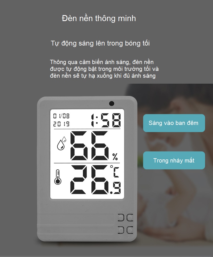 Nhiệt ẩm kế để bàn, dán tường cảm biến hiển thị ngày, giờ, nhiệt độ, độ ẩm chính xác M03 ( TẶNG KÈM 03 NÚT KẸP CAO SU ĐA NĂNG NGẪU NHIÊN )