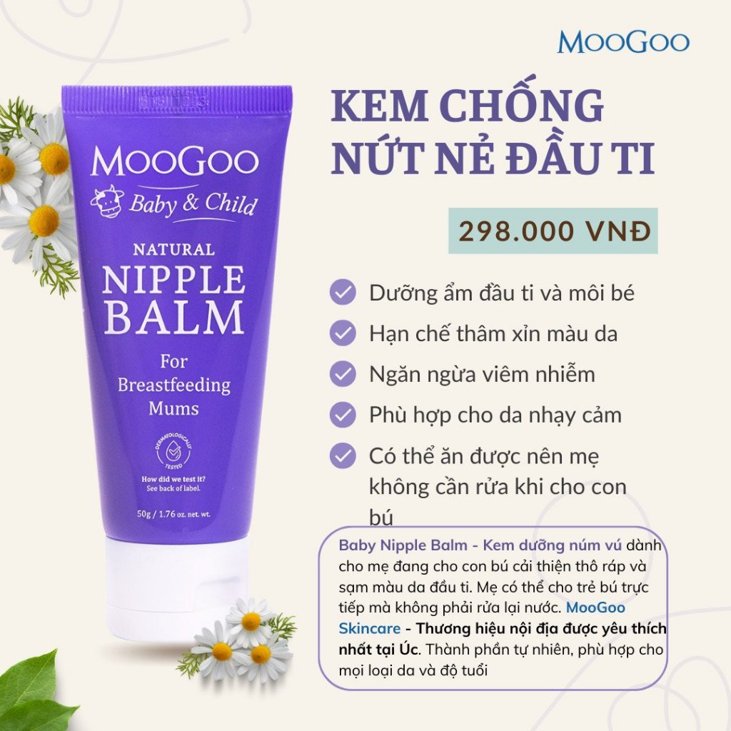 Kem nứt đầu ti Moogoo 50g thuần chay dành cho mẹ bầu nứt cổ gà, làm mềm, êm dịu và bôi trơn