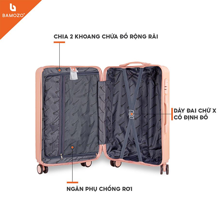 Vali du lịch BAMOZO 8801 MÀU ĐEN size 20/24, vali kéo nhựa được bảo hành 5 năm