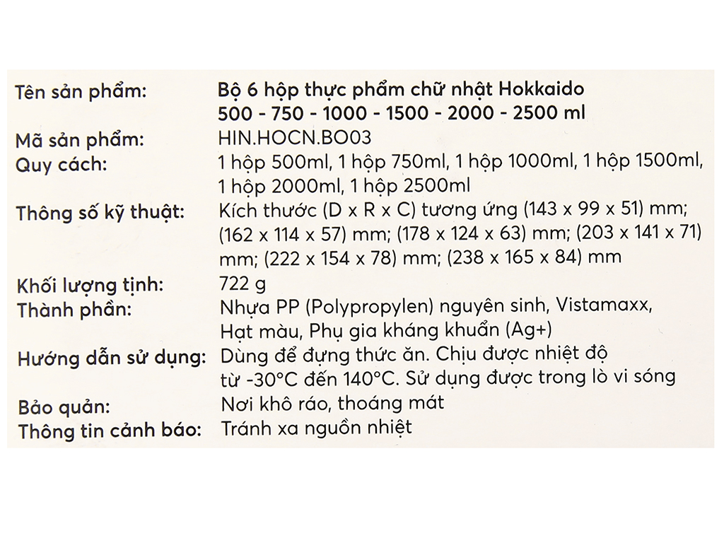 Bộ 6 hộp đựng thực phẩm chữ nhật Inochi Hokkaido (500-750-1000-1500-2000-2500ml)