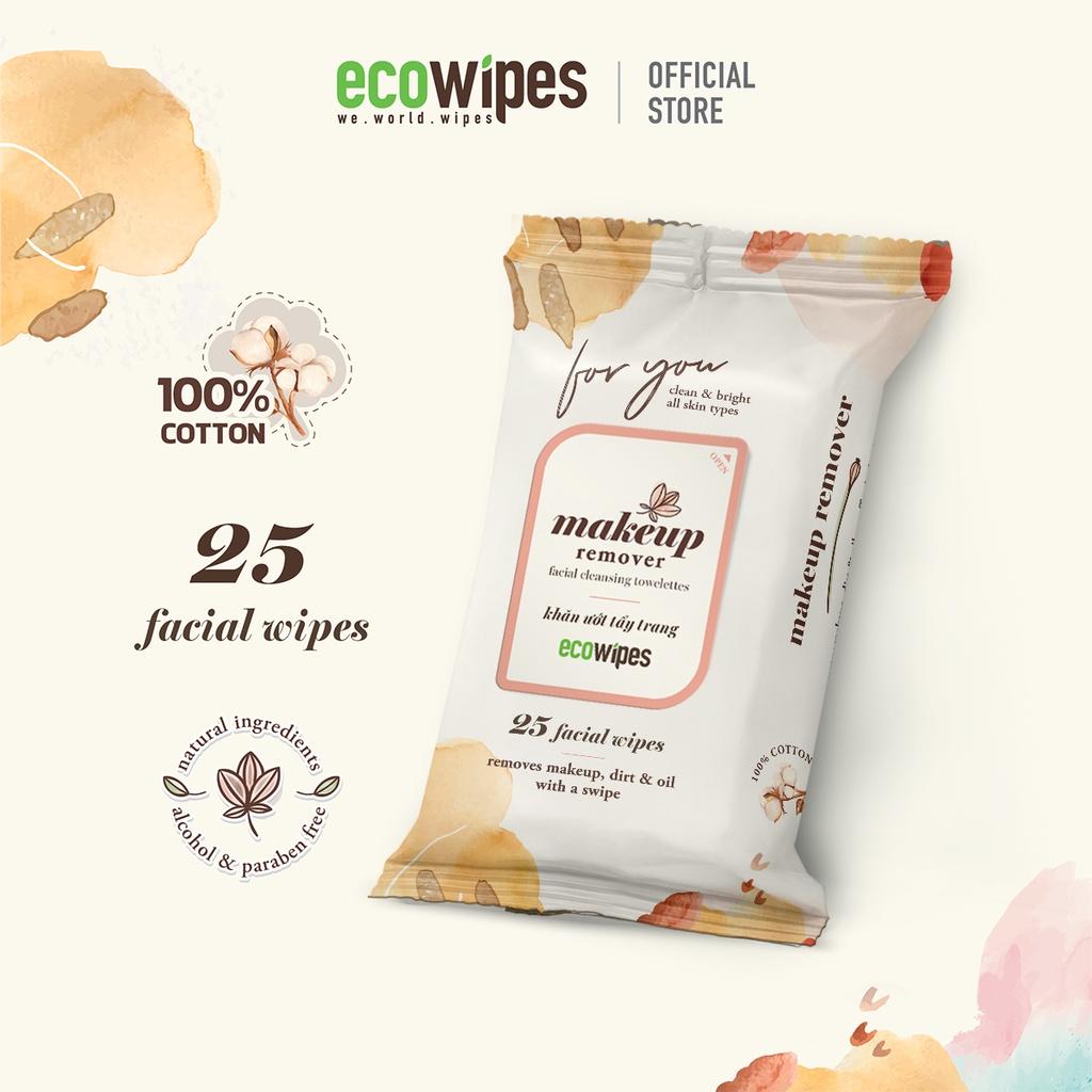 Combo 05 gói khăn ướt tẩy trang Makeup Remover Ecowipes gói 25 tờ làm sạch nhanh lớp trang điểm dễ dàng mang đi xa