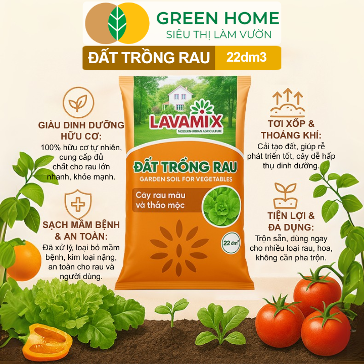 Đất Trồng Rau GreenHome, Bao 22dm3 (11kg), Hữu Cơ, Tiện Lợi, Đầy Đủ Dinh Dưỡng Cho Các Loại Rau, Củ, Quả