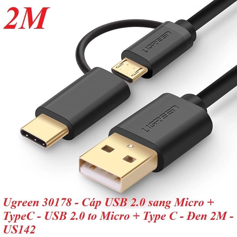 Ugreen UG30178US142TK 2M màu đen Dây USB 2.0 sang micro USB và Type-C và micro USB - HÀNG CHÍNH HÃNG