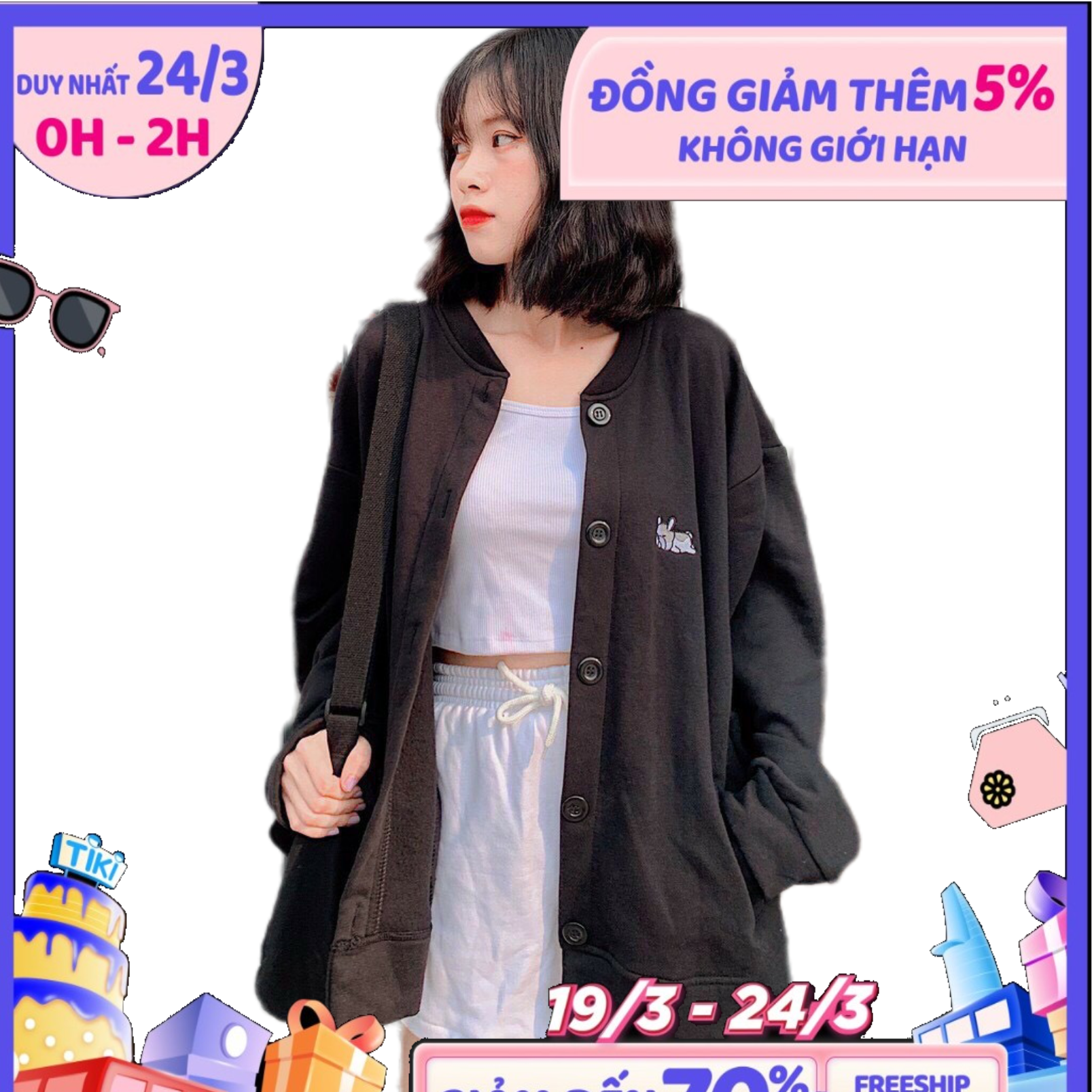 Áo nỉ hoodie thêu cún, gài nút form rộng xinh xắn
