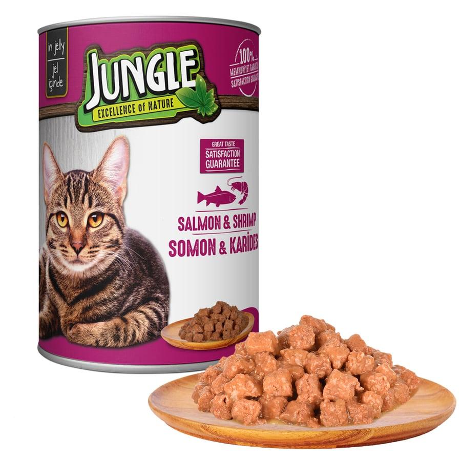 Pate Vị Cá Hồi Và Tôm Cho Mèo Trưởng Thành Jungle Adult Cat Salmon &amp; Shrimp In Jelly Lon 415g - Xuất Xứ Ý
